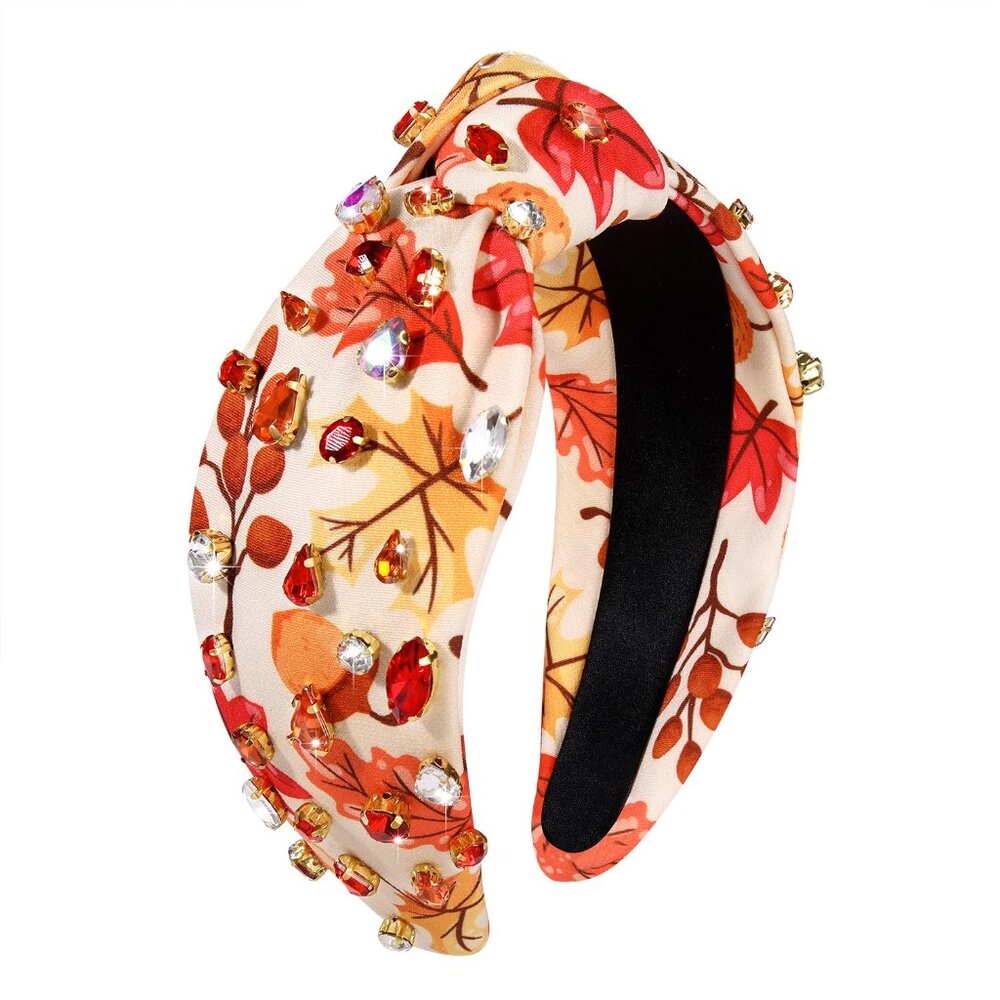 Thanksgiving Pearl Rhinestone Jeweled Knotted Headband - Fall Pumpkin Leaf Print